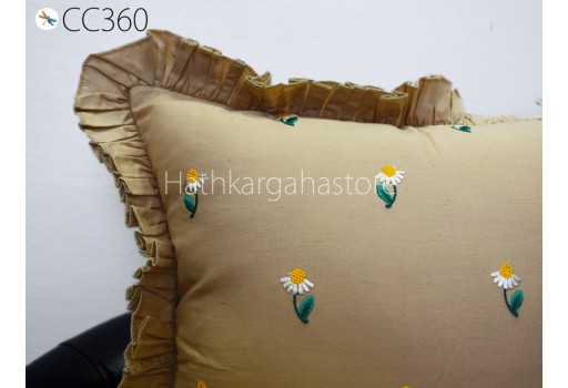 Brown Embroidered Frill Throw Pillow Sham Cushion Cover Handmade Embroidery Decorative Pillowcase House Warming Bridal Shower Home Decor.