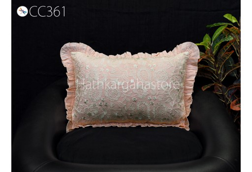Peach Embroidered Frill Throw Pillow Cotton Euro Sham Rectangle 12X 26 Cushion Cover Decorative Pillowcase Housewarming Gifts Home Decor