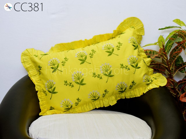 Yellow Embroidered Frill Throw Pillow Lumbar Cotton Euro Sham Rectangle 12X 26 Cushion Cover Decorative Pillowcase Housewarming Gifts 26x26. 