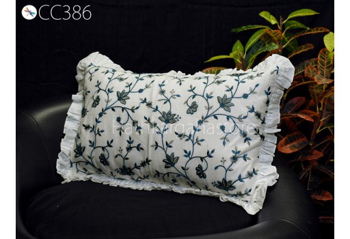 White Embroidered Frill Throw Pillow Lumbar Cotton Euro Sham Rectangle 12X 26 Cushion Cover Decorative Pillowcase Housewarming Gifts 26x26. 