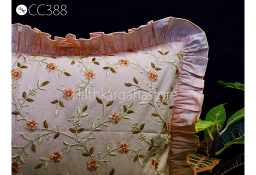 Peach Embroidered Frill Throw Pillow Lumbar Cotton Euro Sham Rectangle 12X 26 Cushion Cover Decorative Pillowcase Housewarming Gifts 26x26.