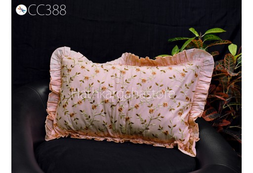 Peach Embroidered Frill Throw Pillow Lumbar Cotton Euro Sham Rectangle 12X 26 Cushion Cover Decorative Pillowcase Housewarming Gifts 26x26.