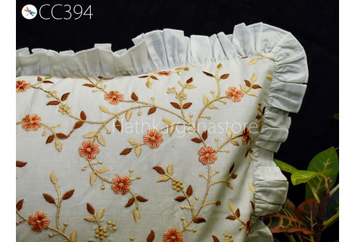 White Embroidered Frill Throw Pillow Lumbar Cotton Euro Sham Rectangle 12X 26 Cushion Cover Decorative Pillowcase Housewarming Gifts 26x26.