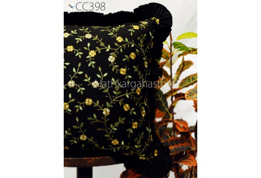 Black Embroidered Frill Throw Pillow Cotton Cushion Cover Embroidery Decorative Home Decor Pillowcase Housewarming Bridal Shower Wedding.