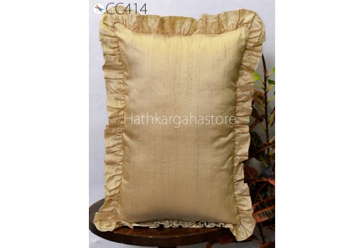 Beige Silk Lumbar Throw Pillow Dupioni Frill Silk Pillowcase Rectangle 12x26 Cushion Cover Handmade Decorative Home Decor Housewarming Gift