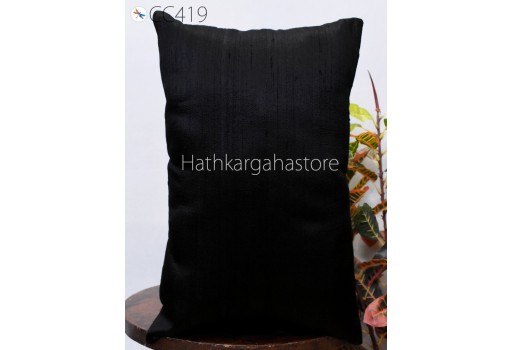 Black Dupioni Pure Silk Throw Pillow Lumbar Silk Pillowcases Euro Sham Rectangle 12x26 Cushion Cover Decorative Housewarming Gifts 26x26.