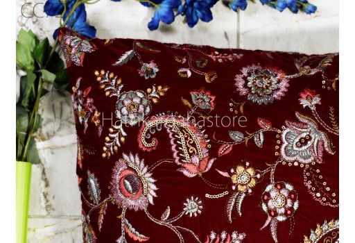 Indian Velvet Cushion Cover Handmade Embroidered Throw Pillow Customize Decorative Home Decor Pillow Cover House Warming Bridal Shower Wedding Gift