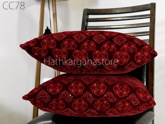 Indian Maroon Velvet Cushion Cover Handmade Embroidered Throw Pillow Customize Decorative Home Decor Pillow Cover House Warming Bridal Shower Wedding Gift