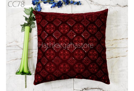 Indian Maroon Velvet Cushion Cover Handmade Embroidered Throw Pillow Customize Decorative Home Decor Pillow Cover House Warming Bridal Shower Wedding Gift