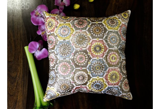 Indian Ivory Embroidered Cushion Cover Decorative Home Decor Pillow Cover Handmade Embroidery Throw Pillow House Warming Bridal Shower Wedding Gift