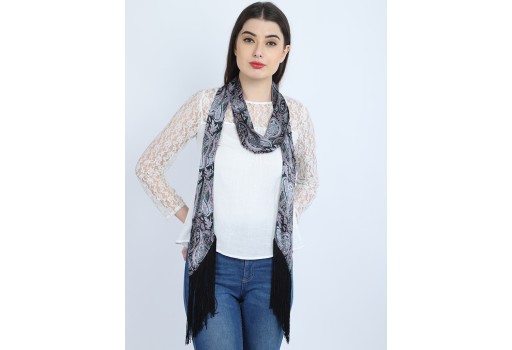 Indian paisley print designer black fringes choker long skinny scarf by 1 pieces narrow necks stoles women's neck tie scarfs online beautiful stunning handmade soft and stylish wedding wear scarves