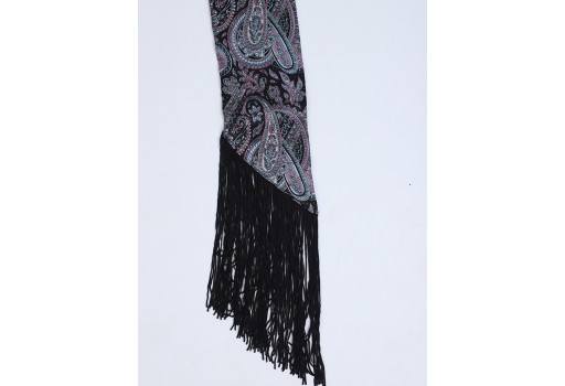 Indian paisley print designer black fringes choker long skinny scarf by 1 pieces narrow necks stoles women's neck tie scarfs online beautiful stunning handmade soft and stylish wedding wear scarves