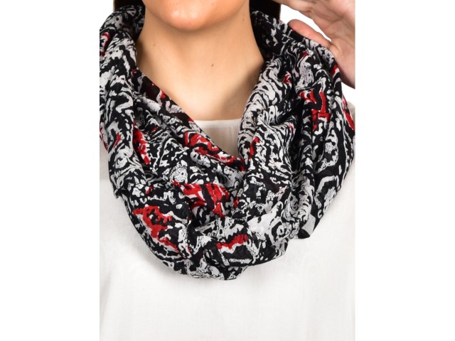 Black and red print infinity scarf cowl neck wrap indian polyester women circle scarfs are casual girlfriend christmas birthday loop scarf head wrap decorative designer online scarves unique gifting purpose for festive seasons