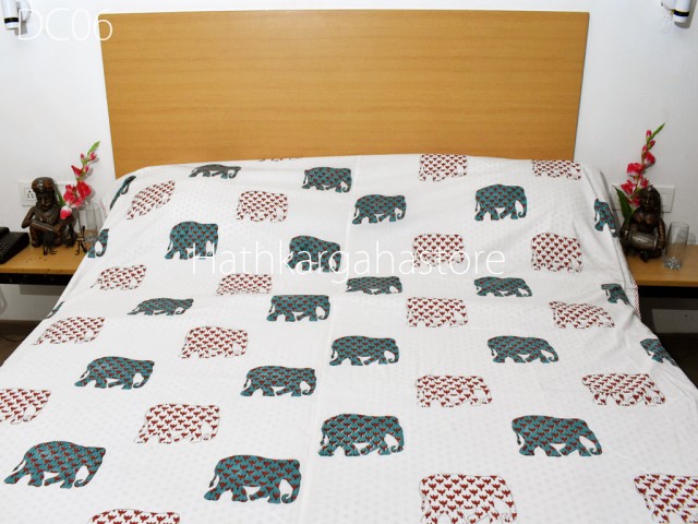 Elephant Block Print Cotton Dohar Comforter Blanket Throw Indian Reversible Dohar Handmade Double Side Summer Ac Quilt Bohemian Home Decor