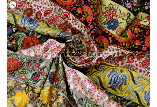 Multi Color Embroidery Assorted Embroidered Fabric Remnants Saree Border Indian Sari Trims Remnant for DIY Crafting Junk Journal Sewing Boho Table Runner