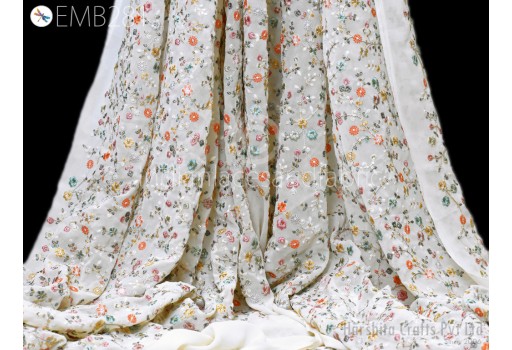 Indian Embroidered Fabric by the Yard Georgette Embroidery Sewing Curtain DIY Hair Crafting Cream Summer Women Dress Material Fabric Drapery Home Décor