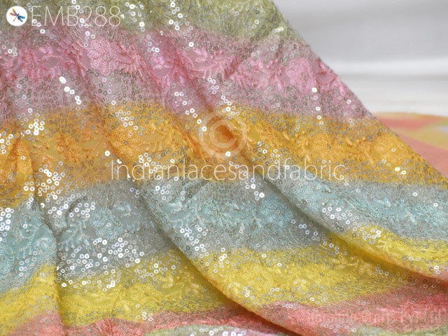 Multi Colors Sequin Embroidery Fabric by the Yard Indian Georgette Saree Embroidered Crafting Sewing Sequined Wedding Dress Costumes Doll Making