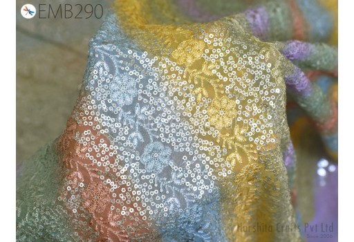 Silver Sequin Embroidery Fabric by the Yard Indian Georgette Saree Embroidered Crafting Sewing Sequined Wedding Dress Bridal Costumes Doll Making