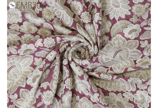 Mauve Embroidered Fabric by the Yard Georgette Indian Embroidery Sewing Curtain DIY Crafting Summer Women Dress Material Drapery Home Décor Hair Crafts