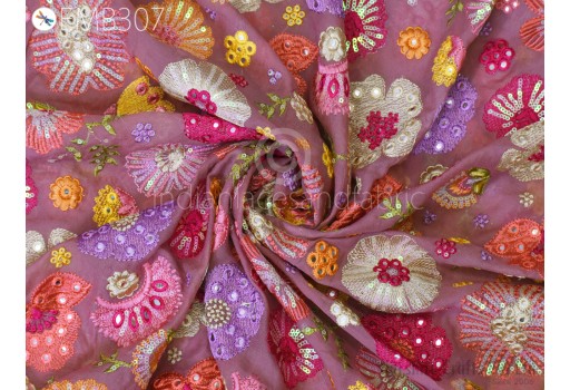Dress Material Wedding Saree Embroidery Fabric by the Yard Georgette Mauve Sewing Curtain DIY Crafting Women Costume Embroidered Fabric
