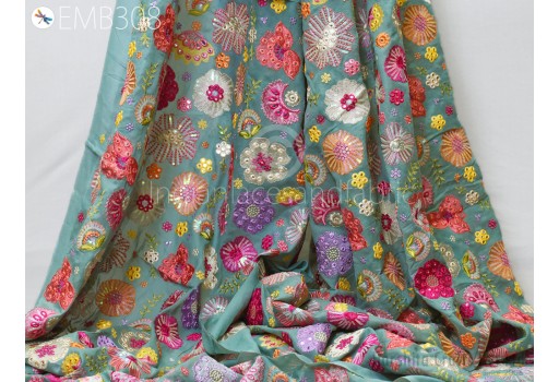 Wedding Saree Costumes Embroidered Fabric by the Yard Georgette Mint Embroidery Sewing DIY Crafting Summer Women Dress Material