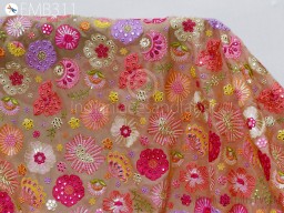 Indian Peach Wedding Saree Embroidered Fabric by the Yard Georgette Embroidery Sewing Curtain DIY Crafting Summer Women Dress Material Drapery