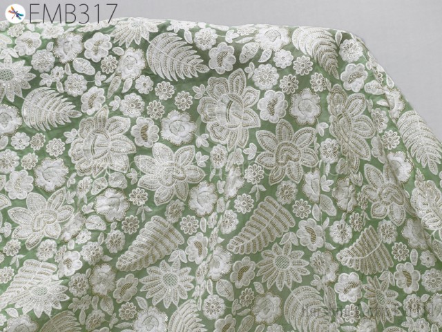 Light Green Indian Wedding Saree Embroidered Fabric by the Yard Georgette Embroidery Sewing Curtain DIY Crafting Summer Women Dress Material Drapery