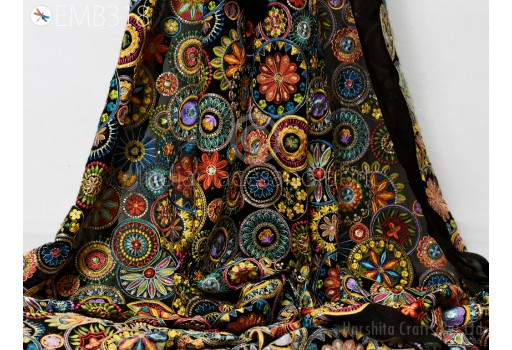 Multicolor Black Indian Embroidered Fabric by the Yard Georgette Embroidery Sewing Curtain DIY Hair Crafting Women Dress Material Drapery Home Décor