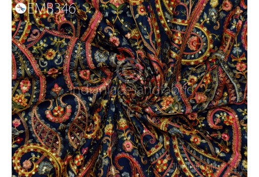 Blue Sequin Embroidery Paisley Fabric by the Yard Sewing DIY Crafting Indian Embroidery Wedding Dresses Blouse Costumes Upholstery Cushion Covers