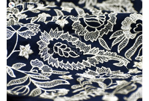 Blue Cotton Embroidery Fabric by the Yard Indian Embroidery Sewing DIY Crafting Summer Women Kids Dresses Costumes Doll Bag Home Decor Kitchen Curtain