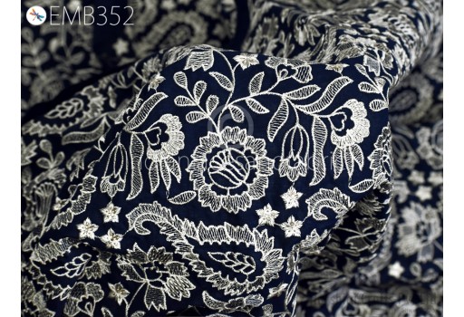 Blue Cotton Embroidery Fabric by the Yard Indian Embroidery Sewing DIY Crafting Summer Women Kids Dresses Costumes Doll Bag Home Decor Kitchen Curtain