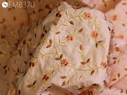 Peach Embroidery Cotton Fabric by the Yard Indian Embroidered Summer Women Dresses Costumes Doll Bag Home Decor Curtain Sewing DIY Crafting