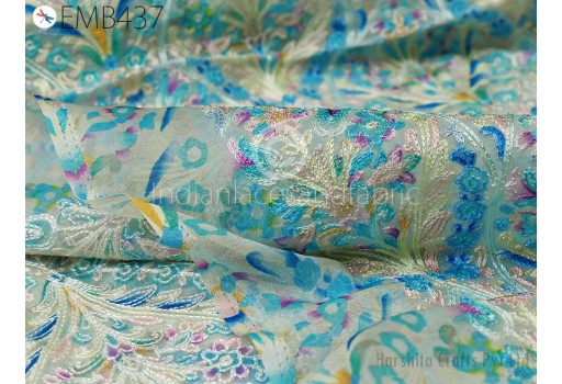 Blue Embroidered Georgette Fabric by Yard Indian Embroidery Sewing Curtain Crafting Summer Women Dress Costumes Material Drapery Home Decor