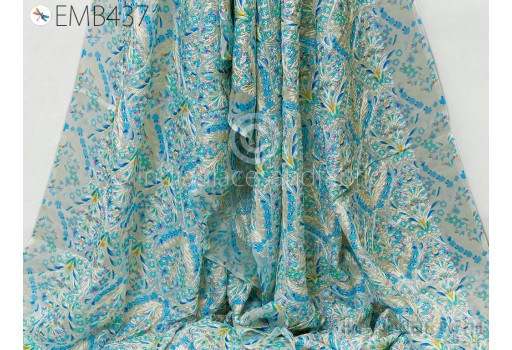 Blue Embroidered Georgette Fabric by Yard Indian Embroidery Sewing Curtain Crafting Summer Women Dress Costumes Material Drapery Home Decor