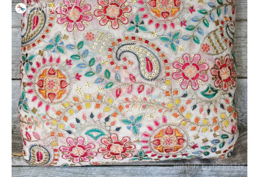 Sequins Ivory Embroidered Georgette Fabric by Yard Indian Embroidery Sewing Curtain Crafting Summer Women Dress Drapery Home Decor
