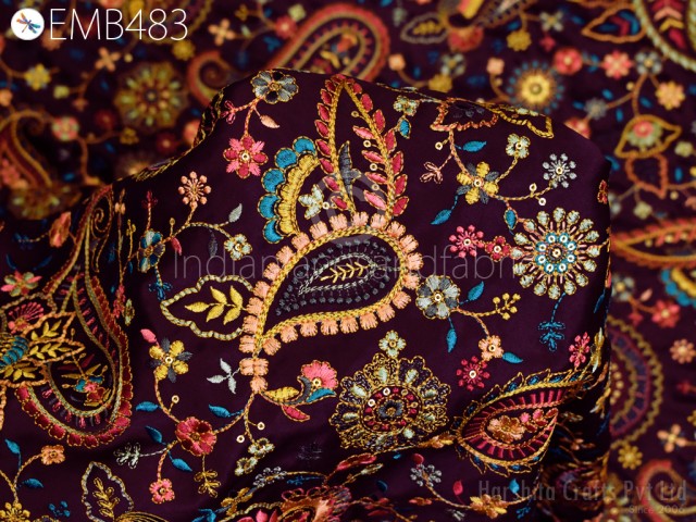 Wine Embroidered Fabric by the yard Sewing DIY Crafting Indian Embroidery Wedding Dress Costumes Bags Cushion Covers Table Runners Blouses