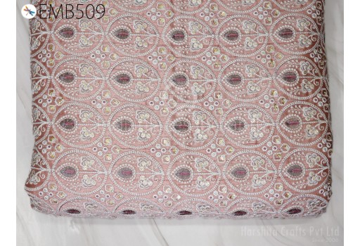Peachy Pink Embroidered Fabric by the yard Sewing DIY Crafting Indian Embroidery Wedding Dress Costumes Table Runners Blouses