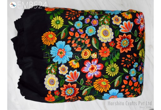 Floral Multicolor Embroidery on Black Fabric by the yard DIY Wedding Costumes Sewing Crafting Indian Dress Cushion Covers Embroidered Fabric