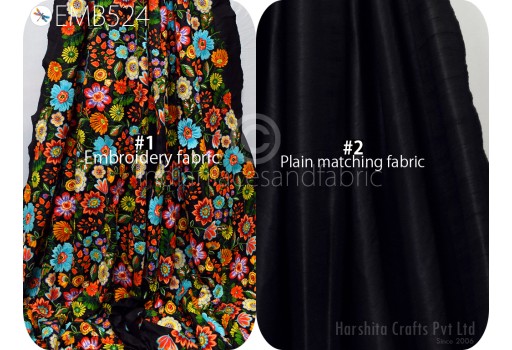 Floral Multicolor Embroidery on Black Fabric by the yard DIY Wedding Costumes Sewing Crafting Indian Dress Cushion Covers Embroidered Fabric