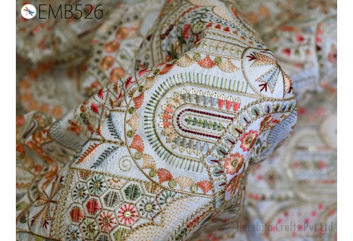 Ivory Heavy Embroidery Fabric by the yard Sewing DIY Crafting Indian Embroidered Wedding Dress Costumes Cushion Covers Table Runners Blouses Blazer