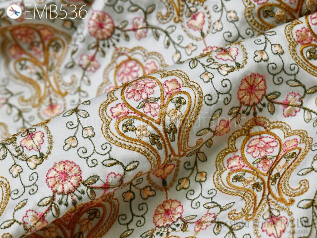 Indian Paisley Embroidered Fabric by the yard Sewing DIY Crafting Embroidery Wedding Dress Costumes Dolls Bags Cushion Covers Table Runners Blouses