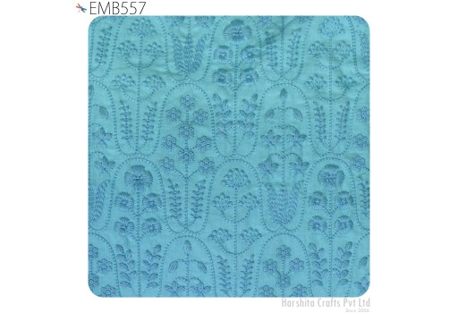 Turquoise Blue Indian Embroidery Cotton Fabric by the Yard Sewing Fabric DIY Crafting Wedding Dress Costumes Doll Bag Home Decor Embroidered Fabric