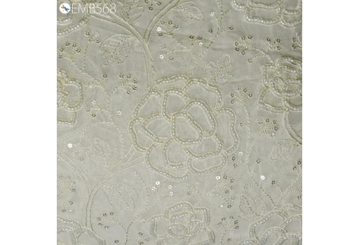 Ivory Hand Embroidery Georgette Fabric by the Yard Handmade Beaded Wedding Dress Bridal Fabric Indian Embroidered Women Dress Material Sewing