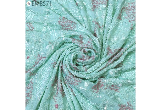 Mint Green Hand Embroidery Georgette by the Yard Fabric Indian Embroidered Women Dress Material Sewing Handmade Beaded Wedding Dress Fabric 