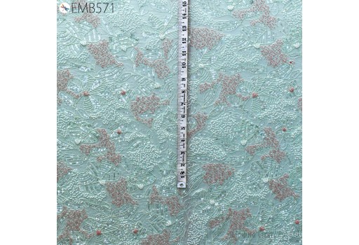 Mint Green Hand Embroidery Georgette by the Yard Fabric Indian Embroidered Women Dress Material Sewing Handmade Beaded Wedding Dress Fabric 