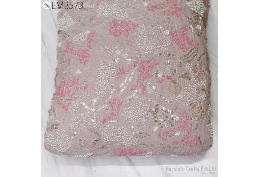 Pink Hand Embroidery Georgette Fabric by the Yard Handmade Beaded Wedding Dress Bridal Fabric Indian Embroidered Women Dress Material Sewing
