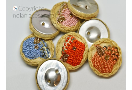 12 Pieces Decorative Handcrafted Indian Fancy Hand Embroidery Zardozi Button Fabric Cloth Covered Embellishment Crafting Sewing Embroidered Button