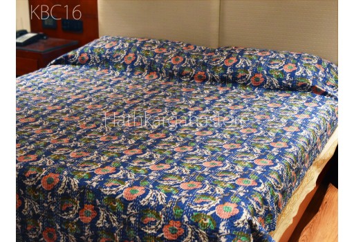 Indian Blue Kantha Bedspread Quilt Throw Handmade Reversible Cotton Floral Print Quilted Blanket Hippie Gudari Queen Bedcover Bohemian Home Décor Floral Duvet Quilts
