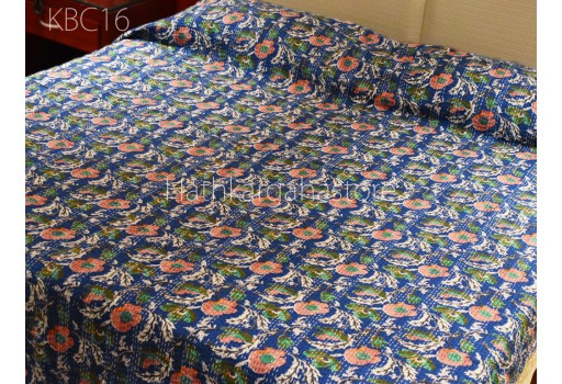 Indian Blue Kantha Bedspread Quilt Throw Handmade Reversible Cotton Floral Print Quilted Blanket Hippie Gudari Queen Bedcover Bohemian Home Décor Floral Duvet Quilts
