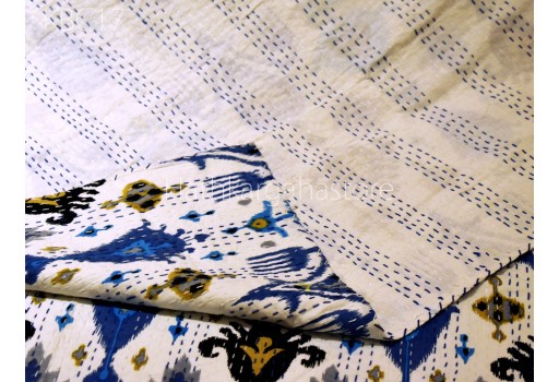 Reversible Kantha Quilt Bedspread Throw Handmade Cotton Ikat Print Quilted Blanket Hippie Gudari Queen Bedcover Bohemian Home Décor Vintage Sheets Duvet Quilts